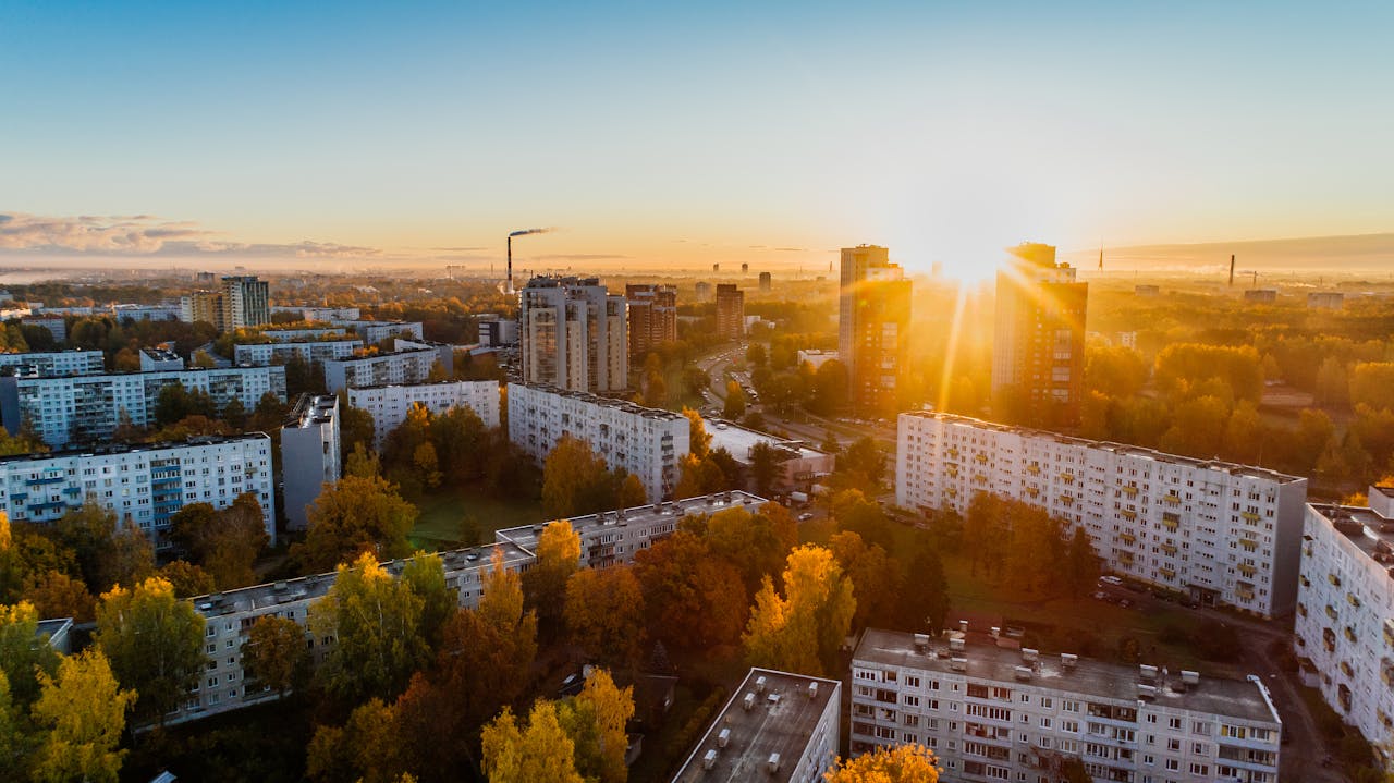 A view of buildings and trees in the city.